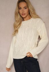 Jasnobeżowy Sweter z Dodatkiem Wełny ze Ściągaczami i Splotem Teriela. Brązowe swetry Renee, l, bez wzorów, z jeansu, bez ramiączek. Za 39.99 zł.