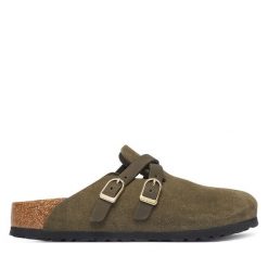 Klapki Birkenstock. Zielone klapki Birkenstock, bez wzorów, bez obcasa. Za 674.99 zł.