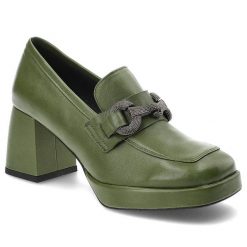 Zielone Półbuty Karino Eleganckie Skórzane Buty Na Obcasie. Zielone czółenka Karino, bez wzorów, ze skóry, bez obcasa, na obcasie, bez zapięcia. Za 389.00 zł.