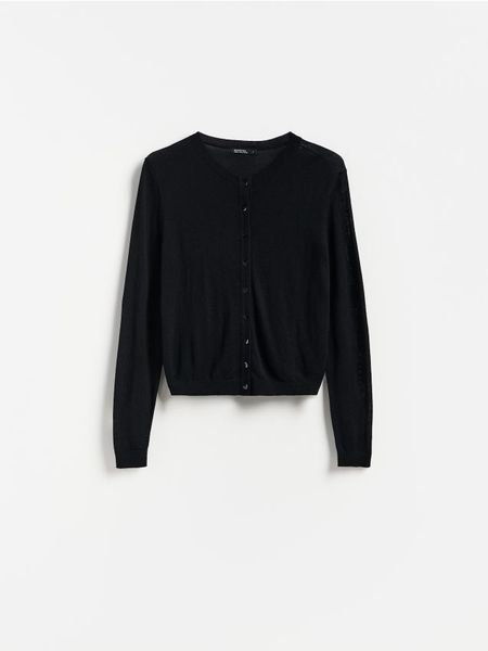 Kardigan z wełną - czarny. Czarne kardigany Reserved, l, bez wzorów, z wełny. Za 129.99 zł.