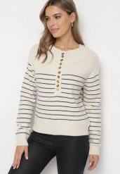 Beżowo-Niebieski Sweter w Paski Zapinany na Guziki przy Dekolcie Irinelas. Brązowe swetry Born2be, l, bez wzorów, bez ramiączek. Za 84.99 zł.