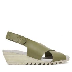 Sandały Fly London. Zielone sandały Fly London, bez wzorów, bez obcasa, na koturnie, bez zapięcia. Za 420.99 zł.