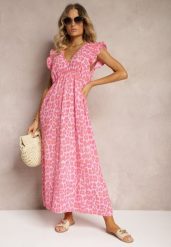 Różowa Sukienka Boho z Bawełny Ozdobiona Wiązaniem Carivia. Czerwone sukienki Renee, na co dzień, na lato, z aplikacjami, z bawełny, boho, bez kołnierzyka, bez ramiączek, maxi. Za 99.99 zł.