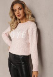 Różowy Sweter z Ozdobnym Napisem Wykończony Ściągaczami Minisoji. Czerwone swetry Renee, l, bez wzorów, z elastanu, bez ramiączek. Za 99.99 zł.