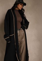 Czarny Niezapinany Kardigan o Długim Kroju z Lamówką Venisse. Czarne kardigany Renee, bez wzorów, z jeansu. Za 129.99 zł.