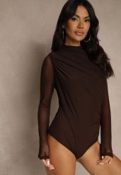 Brązowe Body Longsleeve ze Stójką z Siateczki z Domieszką Wiskozy Liravia. Brązowe body Renee, l, bez wzorów, z jeansu. Za 99.99 zł.