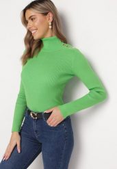 Zielony Golf z Ozdobnymi Nitami Lamani. Zielone golfy Born2be, bez wzorów, bez ramiączek. Za 74.99 zł.