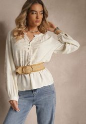Beżowa Bluzka z Wiskozą i Lnem z Ozdobnym Haftem Isariel. Brązowe bluzki Renee, m, bez wzorów, z jeansu, eleganckie, bez kołnierzyka, bez ramiączek. W wyprzedaży za 97.99 zł.
