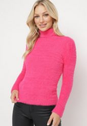 Fuksjowy Elastyczny Golf z Wełną i Ściągaczami Ozdobiony Długim Włosem Alussone. Czerwone golfy Born2be, bez wzorów, z dzianiny, bez ramiączek. Za 44.99 zł.