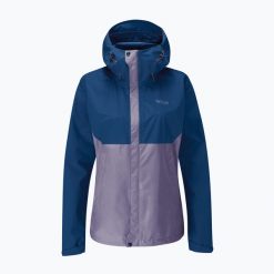 Kurtka przeciwdeszczowa damska Rab Downpour Eco. Niebieskie kurtki sportowe RAB, bez wzorów, bez kaptura, trekkingowe. Za 479.99 zł.