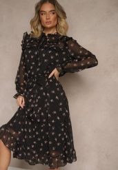 Czarna Rozkloszowana Sukienka w Kwiatowy Print z Wiązaniem w Talii i Pod Dekoltem Ronflara. Czarne sukienki Renee, na co dzień, l, bez wzorów, z jeansu, eleganckie, bez kołnierzyka, bez ramiączek, midi, kopertowe. Za 129.99 zł.