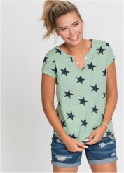 Bawełniany T-shirt we wzór w gwiazdki. Niebieskie t-shirty bonprix, bez wzorów, z bawełny, bez kołnierzyka, bez ramiączek. Za 64.99 zł.
