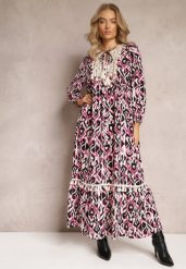 Fuksjowa Sukienka Rozkloszowana Maxi z Falbanką Maruerilla. Czerwone sukienki Renee, l, bez wzorów, z materiału, bez kołnierzyka, bez ramiączek, maxi, rozkloszowane. Za 109.99 zł.
