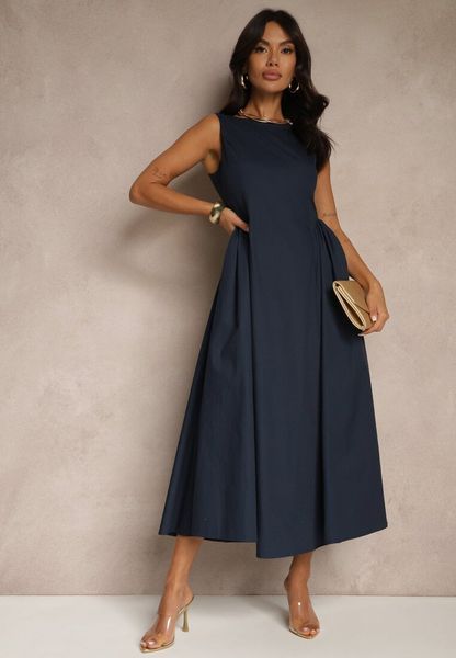 Niebieska Rozkloszowana Sukienka Koktajlowa z Bawełny z Dekoltem Łódką i Kieszeniami Fanilra. Niebieskie sukienki Renee, na studniówkę, s, bez wzorów, z bawełny, klasyczne, bez kołnierzyka, bez ramiączek, maxi, rozkloszowane. Za 69.99 zł.