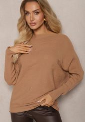Beżowy Sweter o Klasycznym Kroju i Dekoltem w Łódkę Valorvia. Brązowe swetry Renee, m, bez wzorów, z jeansu, bez ramiączek. Za 99.99 zł.