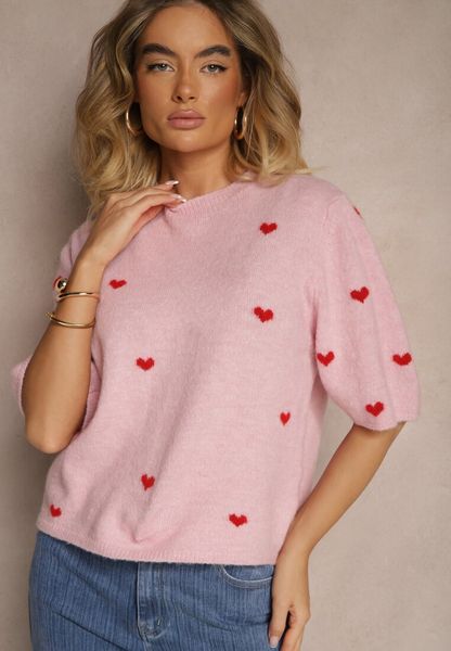 Różowa Bluzka z Dzianiny z Wiskozą we Wzór z Serduszkami Dortewia. Czerwone bluzki Renee, uniwersalny, bez wzorów, z dzianiny, eleganckie, bez kołnierzyka, bez ramiączek. Za 129.99 zł.