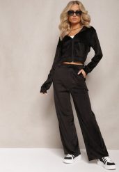 Czarny Komplet Dresowy z Welurowej Dzianiny Szerokie Spodnie i Krótka Bluza Avilti. Czarne bluzy Renee, l, bez wzorów, z dresówki, z kapturem. Za 74.99 zł.
