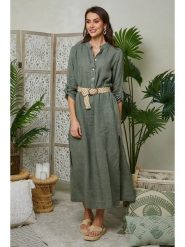 Lin Passion Lniana sukienka w kolorze khaki rozmiar: 38/40. Brązowe sukienki Lin Passion, bez wzorów, ze lnu, klasyczne, bez kołnierzyka, bez ramiączek, maxi. Za 198.45 zł.