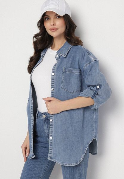 Niebieska Koszula Jeansowa Oversize z Wiskozą Ulathiela. Niebieskie koszule Born2be, l, bez wzorów, z jeansu, biznesowe, bez kołnierzyka, bez ramiączek. Za 149.99 zł.