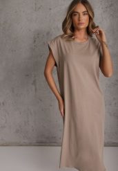 Ciemnobeżowa Sukienka T-shirtowa z Krótkimi Szerokimi Rękawami Arisea. Brązowe sukienki Renee, do pracy, na lato, bez wzorów, biznesowe, bez kołnierzyka, bez ramiączek, midi. Za 89.99 zł.
