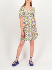 Blutsgeschwister Sukienka "Summer Ease Cache" w kolorze białym ze wzorem rozmiar: XL. Białe sukienki Blutsgeschwister, na co dzień, s, bez wzorów, z wiskozy, klasyczne, bez kołnierzyka, bez ramiączek, mini, proste. Za 131.74 zł.