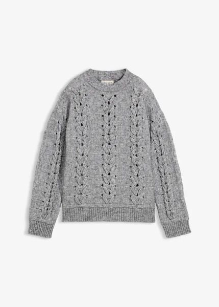 Gruby sweter ze wzorem w warkocze. Szare swetry bonprix, bez wzorów, z wełny, bez ramiączek. Za 169.99 zł.