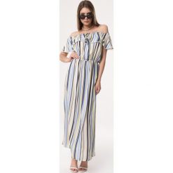Niebieska Sukienka Jig. Niebieskie sukienki Born2be, l, w ażurowe wzory, eleganckie, bez kołnierzyka, bez ramiączek, maxi, sportowe. Za 69.99 zł.