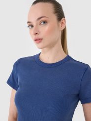 4F T-shirt slim z prążkowanej dzianiny damski - granatowy M. Niebieskie t-shirty 4f, m, bez wzorów, z bawełny, bez kołnierzyka, bez ramiączek. W wyprzedaży za 39.99 zł.