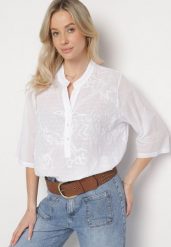 Biała Haftowana Koszula z Bawełny z Podwijanymi Rękawami Aradwena. Białe koszule Born2be, xl, bez wzorów, z bawełny, eleganckie, bez kołnierzyka, bez ramiączek. Za 64.99 zł.
