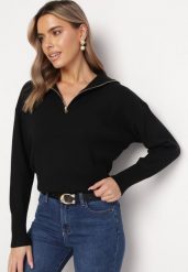 Czarny Sweter z Golfem Zapinanym na Zamek Tihanas. Czarne golfy Born2be, m, bez wzorów, bez ramiączek. Za 84.99 zł.