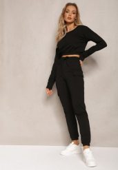 Czarny Komplet Dresowy Bluza Cropped i Spodnie z Kieszeniami Cargo Xerlesa. Czarne bluzy Renee, l, bez wzorów, z dresówki, bez kaptura. Za 89.99 zł.