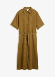 Sukienka koszulowa z czystego lnu. Zielone sukienki bonprix, na wiosnę, bez wzorów, bez kołnierzyka, bez ramiączek, koszulowe. Za 169.99 zł.