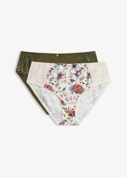 Figi maxi z nadrukiem w kwiaty (2 szt.). Białe figi bonprix, bez wzorów, z koronki. Za 77.99 zł.