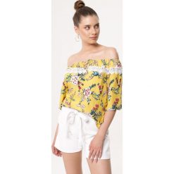 Żółta Bluzka Very Thin. Żółte bluzki Born2be, l, w ażurowe wzory, bez kołnierzyka, bez ramiączek. Za 39.99 zł.