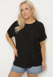 Czarny T-shirt z Bawełną i Ażurowym Wzorem Puzira. Czarne t-shirty Born2be, s, w ażurowe wzory, z bawełny, bez kołnierzyka, bez ramiączek. Za 49.99 zł.