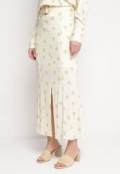 Jasnobeżowa Spódnica Midi w Kropki z Paskiem w Komplecie Mivema. Brązowe spódnice Born2be, l, bez wzorów, z materiału, eleganckie, midi. Za 84.99 zł.