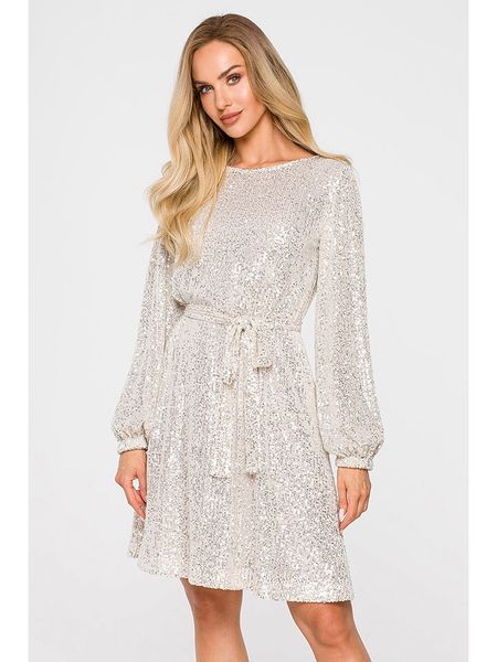 Made of emotion Sukienka w kolorze szampańskim rozmiar: M. Szare sukienki Made Of Emotion, m, bez wzorów, bez kołnierzyka, bez ramiączek, mini. Za 230.59 zł.