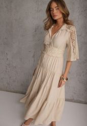 Beżowa Boho Sukienka z Wiskozą o Rozkloszowanym Kroju z Ażurowymi Wstawkami Idacea. Brązowe sukienki Renee, na co dzień, l, w ażurowe wzory, z materiału, boho, bez kołnierzyka, bez ramiączek, maxi, proste. Za 199.99 zł.