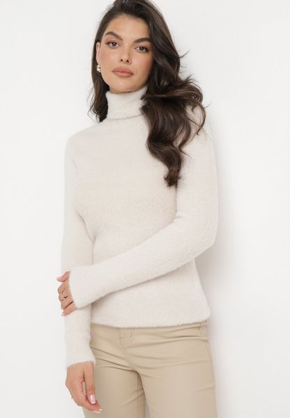 Beżowy Elastyczny Golf z Puszystej Tkaniny z Wełną Doulcet. Brązowe golfy Born2be, l, bez wzorów, z materiału, bez ramiączek. Za 59.99 zł.