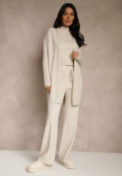 Beżowy Komplet z Dzianiny z Wiskozą Spodnie Bluzka ze Stójką i Kardigan Vetisene. Brązowe kardigany Renee, l, bez wzorów, z dzianiny. Za 189.99 zł.