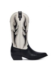 Guess Botki FLTLRG LEA11 Czarny. Czarne botki Guess, z aplikacjami, ze skóry, bez obcasa, na słupku, bez zapięcia. Za 954.99 zł.