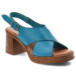 Sandały damskie Hee, cholewka ze skóry naturalnej zapinane na sprzączkę dobrze wyważony obcas, niebieskie, 26542. Niebieskie sandały Hee, bez wzorów, ze skóry, bez obcasa, na obcasie, bez zapięcia. Za 379.00 zł.