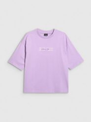 4F T-shirt oversize z nadrukiem damski - fioletowy M. Fioletowe t-shirty 4f, m, bez wzorów, bez kołnierzyka, bez ramiączek. Za 59.99 zł.