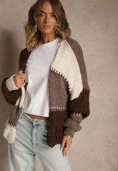 Beżowy Kardigan z Domieszką Wełny i Wiskozy w Patchworkowym Stylu Fesolinne. Brązowe kardigany Renee, s, bez wzorów, z jeansu. Za 149.99 zł.