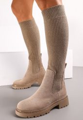 Ciemnobeżowe Kozaki w Cyrkonie z Elastyczną Cholewką przed Kolano Jeanlli. Brązowe kozaki Renee, z wełny, przed kolano, bez obcasa, na obcasie, bez zapięcia. Za 149.99 zł.
