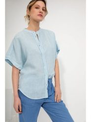 Josephine & Co Lniana bluzka "Geke" w kolorze błękitnym rozmiar: 42. Niebieskie bluzki Josephine & Co, bez wzorów, ze lnu, bez kołnierzyka, bez ramiączek. Za 195.99 zł.