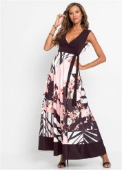 Długa sukienka z dekoltem w serek. Czarne sukienki bonprix, bez wzorów, eleganckie, bez kołnierzyka, bez ramiączek, maxi. Za 159.99 zł.