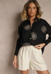 Czarna Koszula z Lnu i Bawełny z Ozdobnym Haftem Valkio. Czarne koszule Renee, l, bez wzorów, z bawełny, eleganckie, bez kołnierzyka, bez ramiączek. Za 69.99 zł.