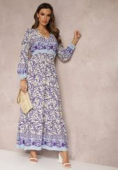 Fioletowo-Beżowa Sukienka Maxi w Kwiaty z Wiskozy Vellu. Fioletowe sukienki Renee, l, z aplikacjami, z wiskozy, boho, bez kołnierzyka, bez ramiączek, maxi, rozkloszowane. Za 69.99 zł.