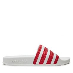 Klapki adidas. Czerwone klapki Adidas, bez wzorów, bez obcasa. Za 129.99 zł.